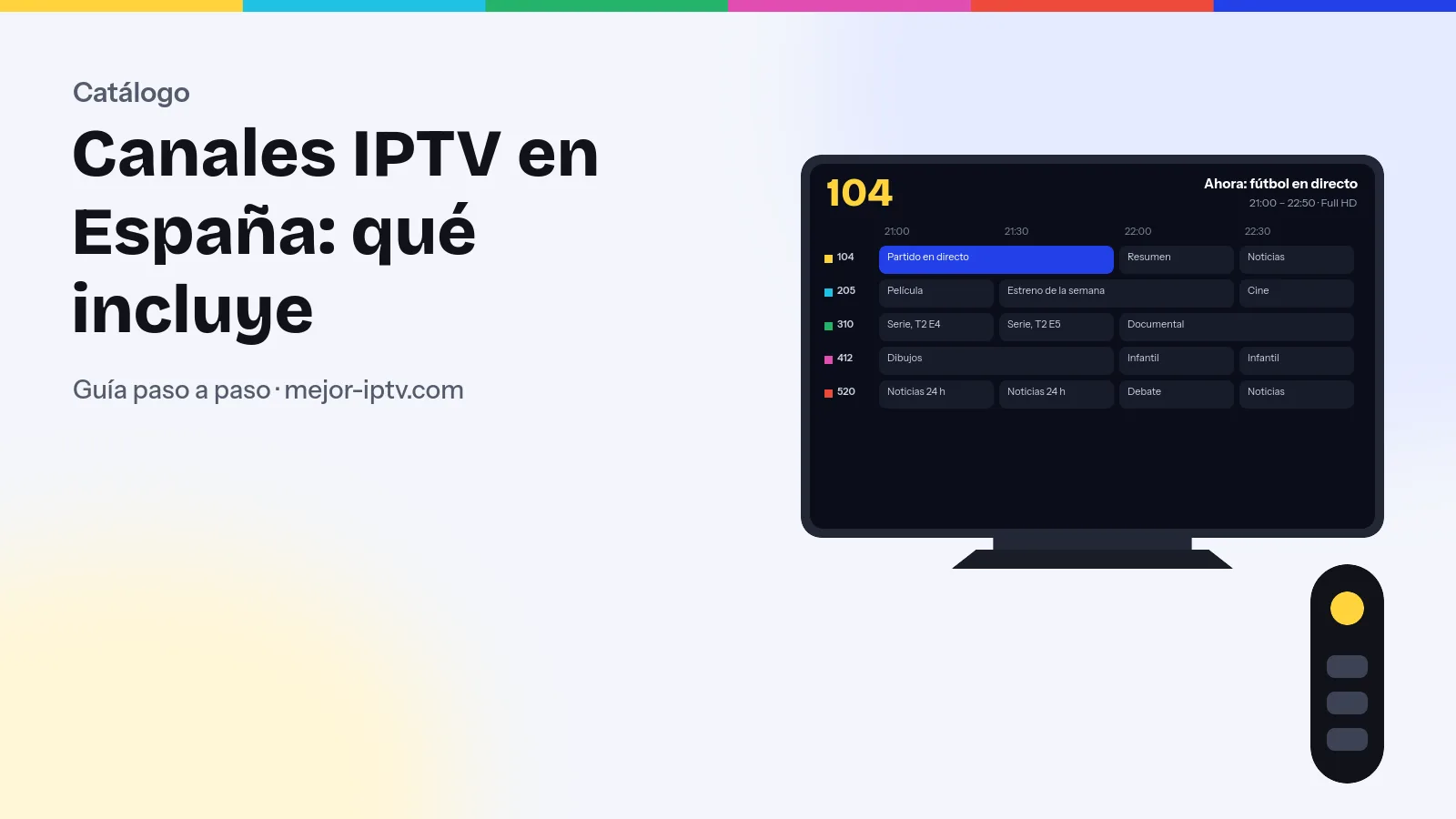 Guía de canales IPTV en la tele con categorías: nacionales, deportes, cine y series, infantil, noticias, internacionales y adultos con candado