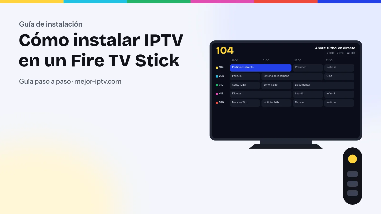 Fire TV Stick conectado a una tele que muestra el inicio de sesión de un reproductor IPTV con URL del servidor, usuario y contraseña