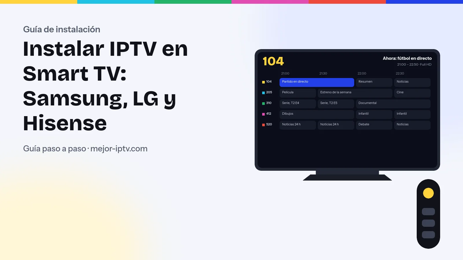 Smart TV en un salón con la pantalla de configuración de un reproductor IPTV: campos de URL del servidor, usuario y contraseña