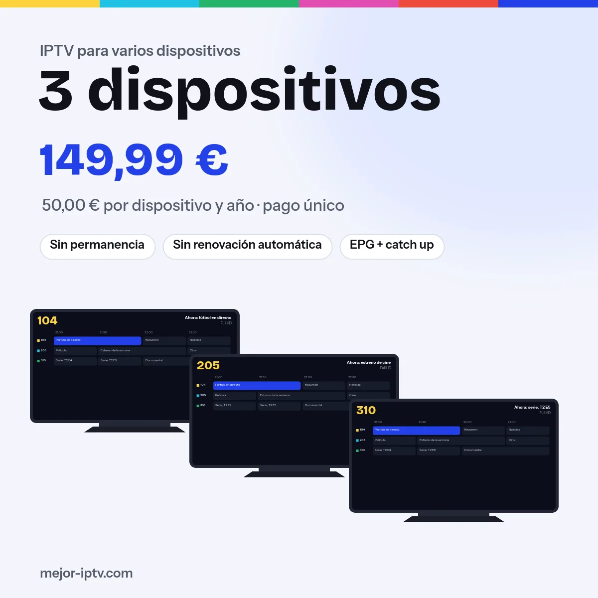 IPTV para 3 dispositivos, 12 meses: pantallas simultáneas con Mejor IPTV