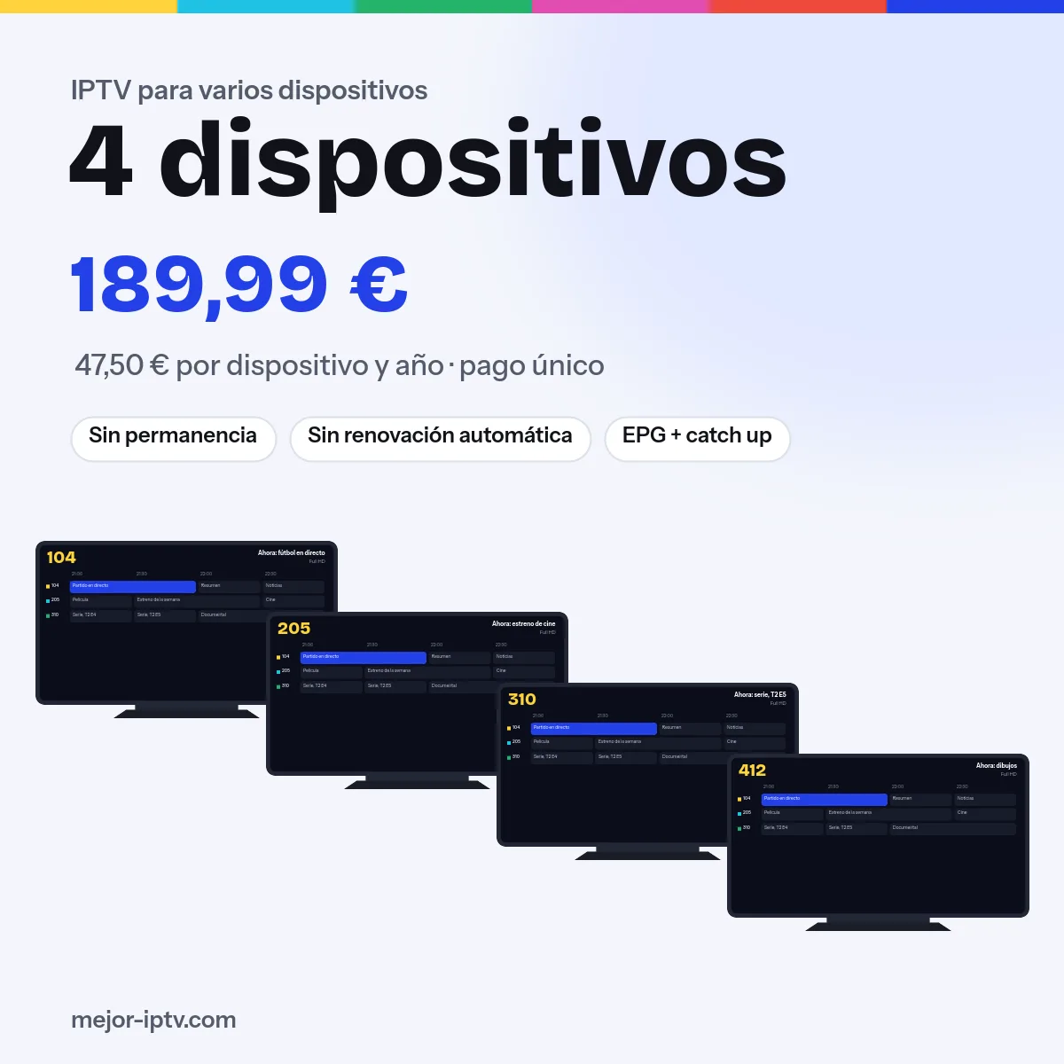 IPTV para 4 dispositivos, 12 meses: pantallas simultáneas con Mejor IPTV