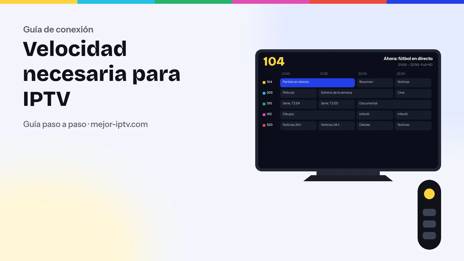 Tele conectada por cable de red al router de fibra, con un medidor de velocidad para IPTV en pantalla