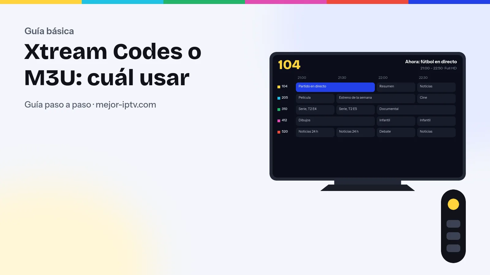 Pantalla de tele con dos formas de acceder a un reproductor IPTV: Xtream Codes con URL, usuario y contraseña, y enlace de lista M3U